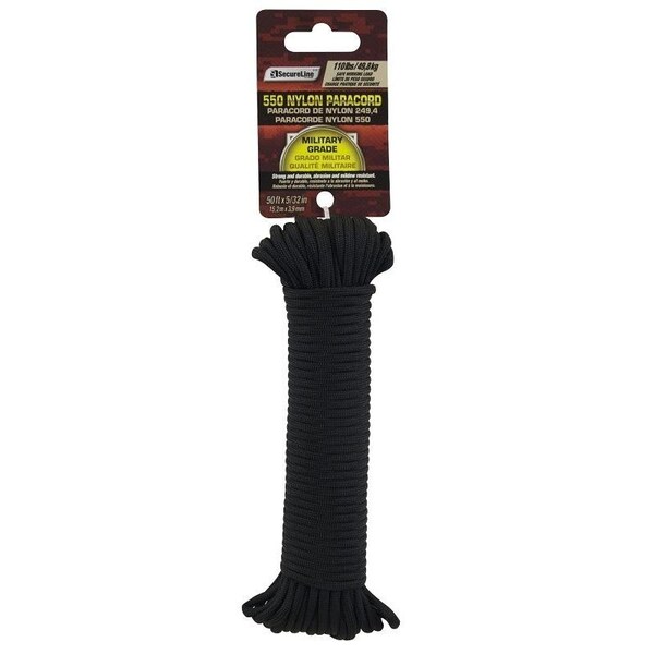 Lehigh Paracord, 532 in Dia, 50 ft L, 110 lb Working Load, Nylon, Black